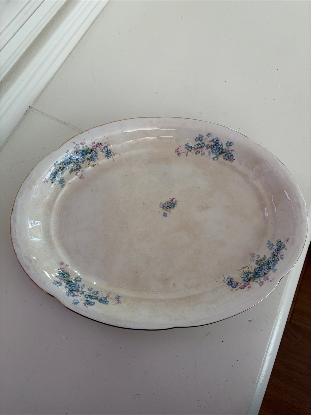 Cream Ceramic Oval Serving Platter with Blue and Pink Floral Accents